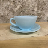Set of 4 Duralex cups and 4 saucers – pastel blue opal glass (year