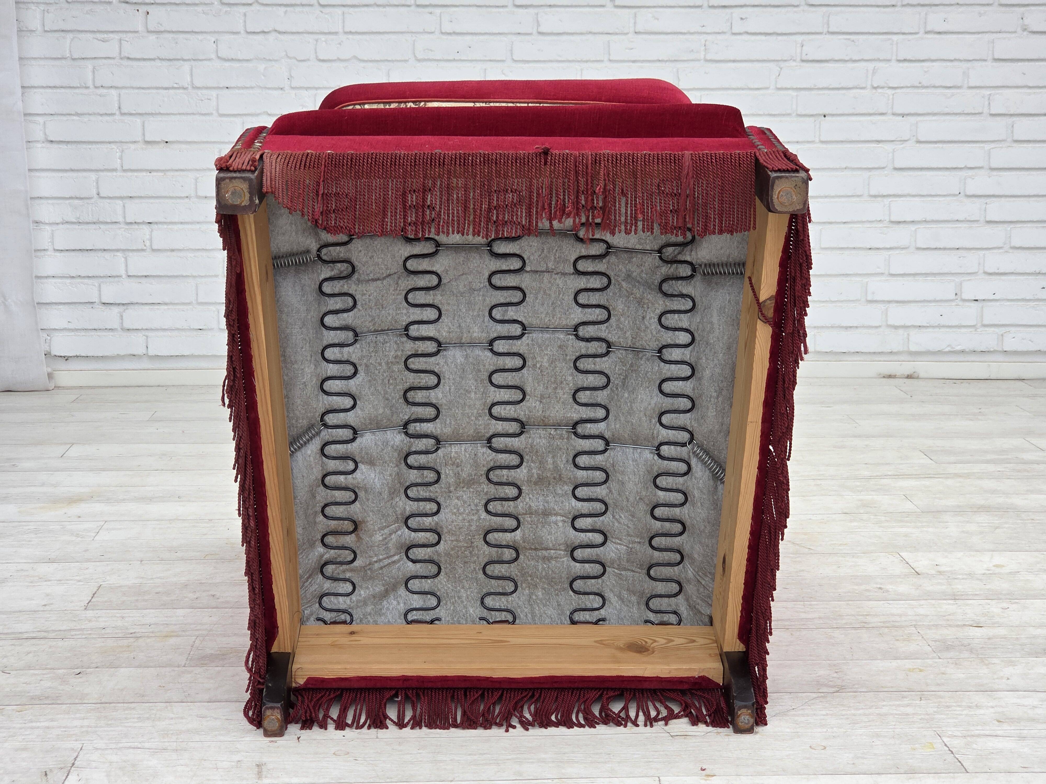 1970s, Danish highback armchair, red furniture velour, ash wood.