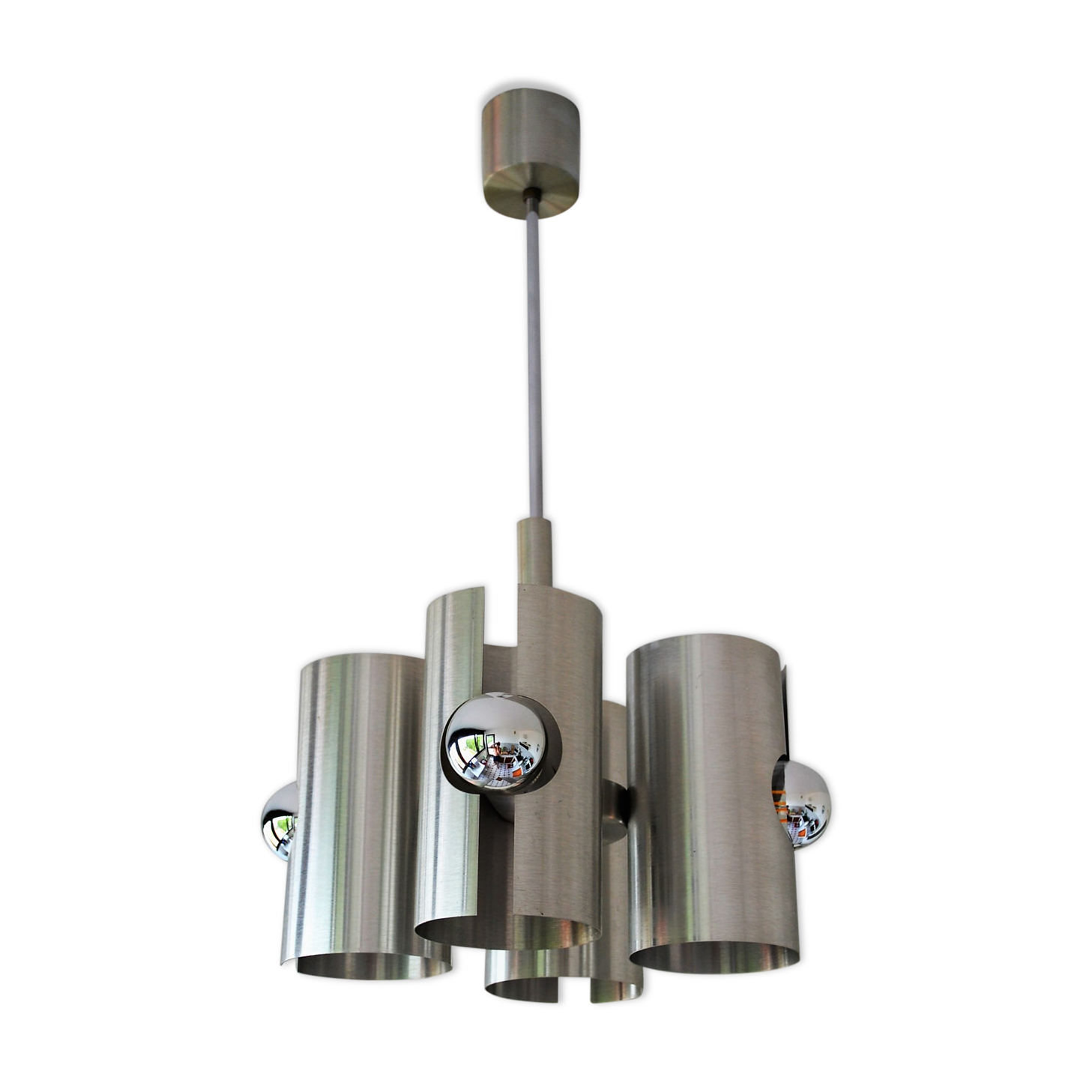 Hanging lamp 4 brushed metal lights space age 70s