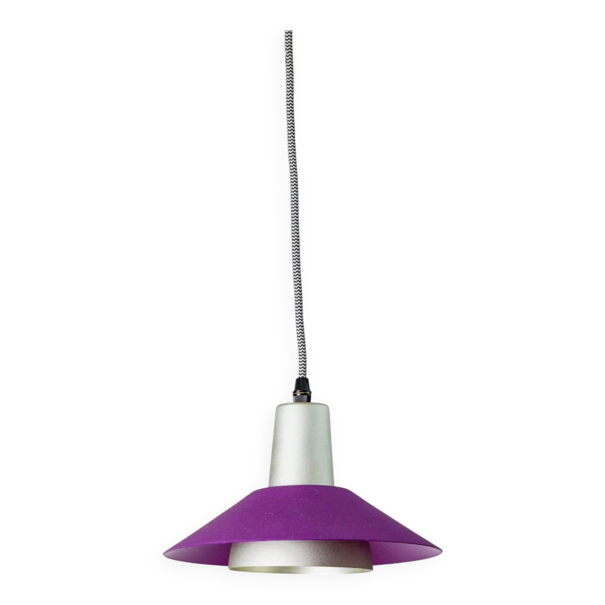 Purple Silver Green Multicolor Metal Ceiling Lamp – 1980s Postmodern Memphis, Striped Cable