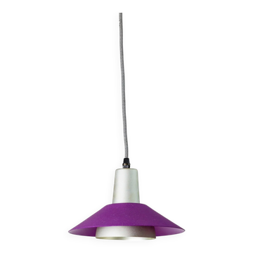 Lampe de plafond en métal multicolore violet, argent et vert – Postmoderne Memphis des années 1980, câble rayé
