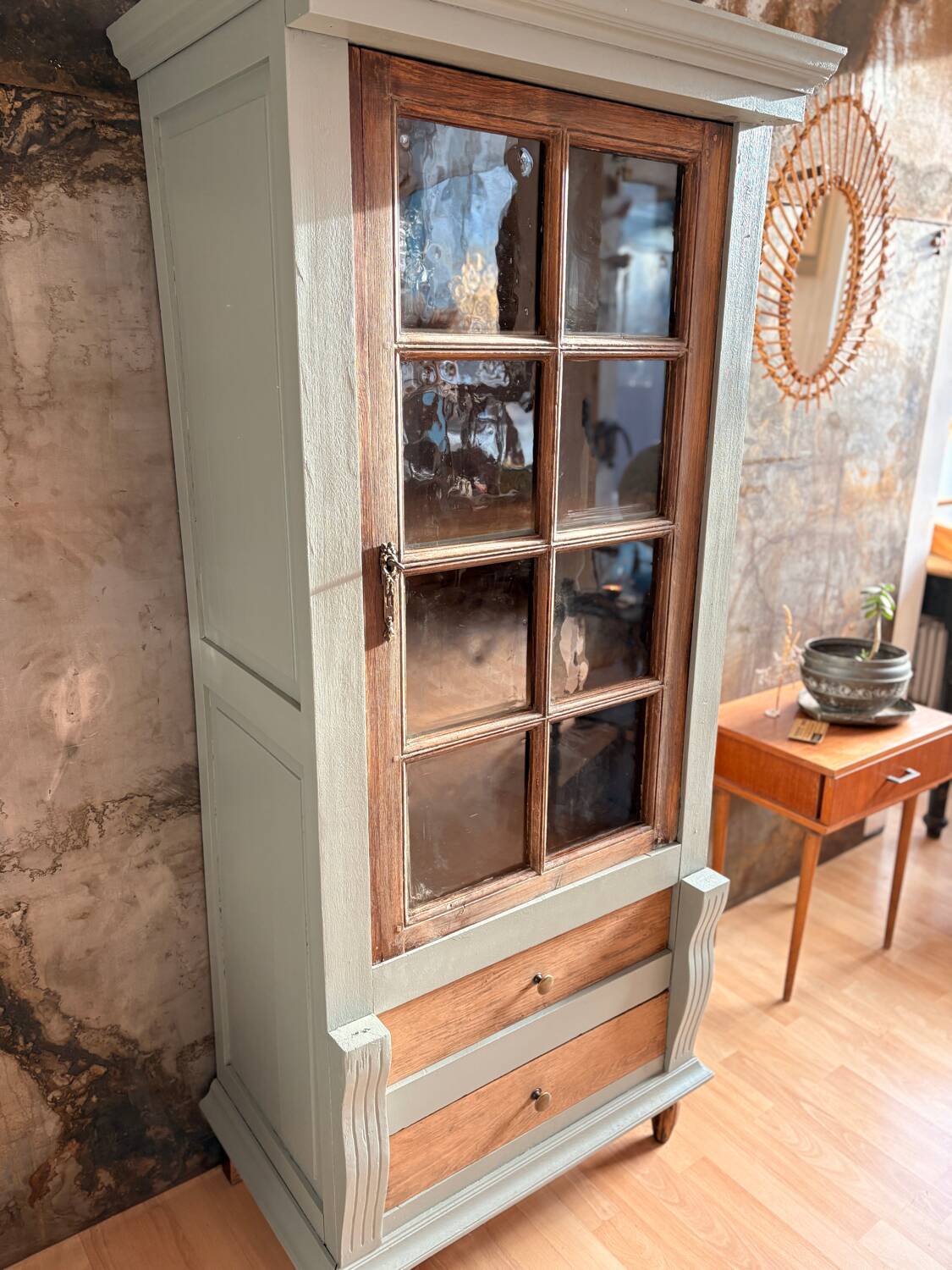 Raw wood and celadon glass cabinet