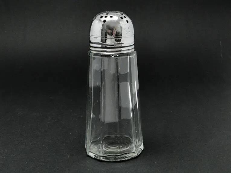 Powdered sugar bowl, glass, chrome-plated brass, Sweden, 1970s.