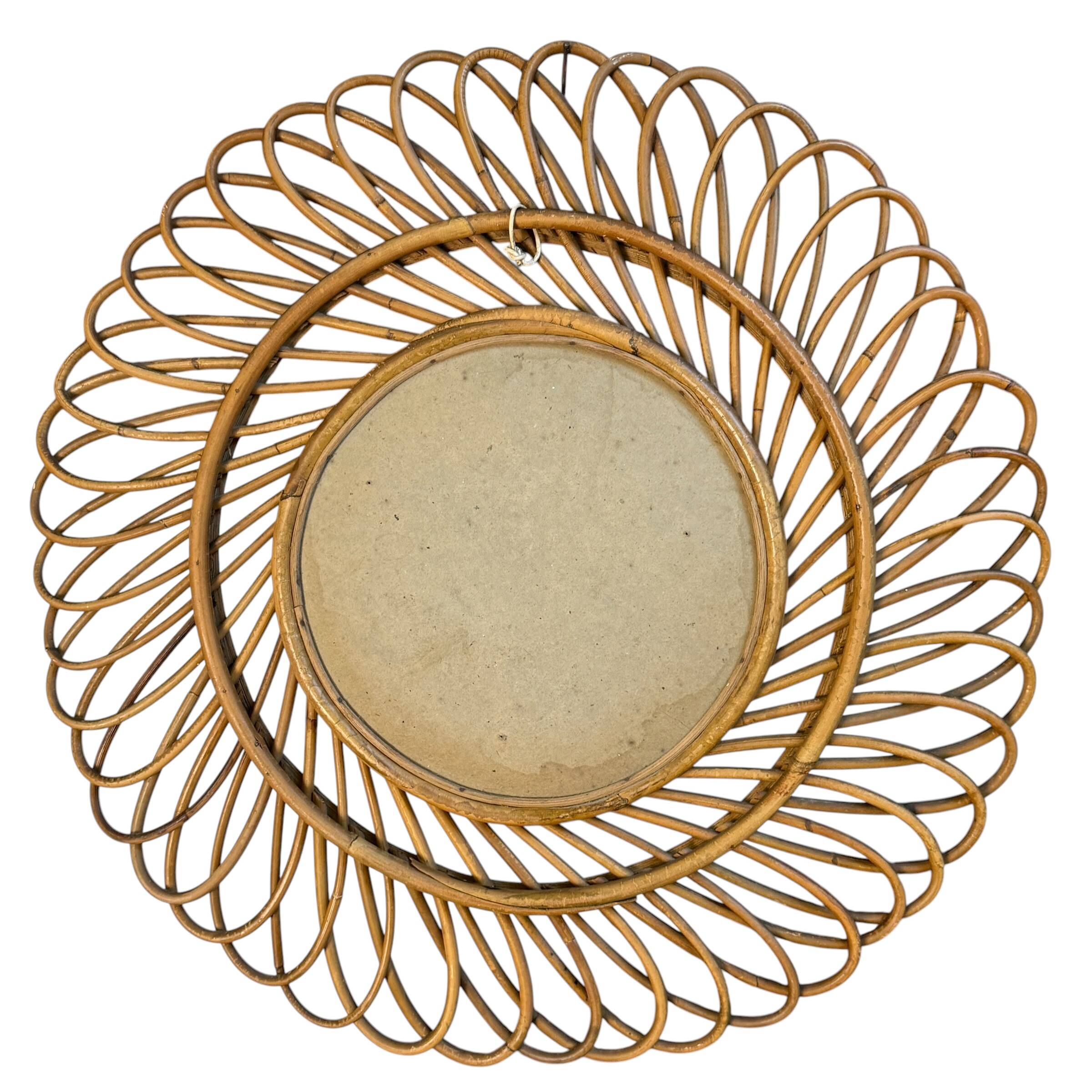 Round rattan mirror from the 1950s France