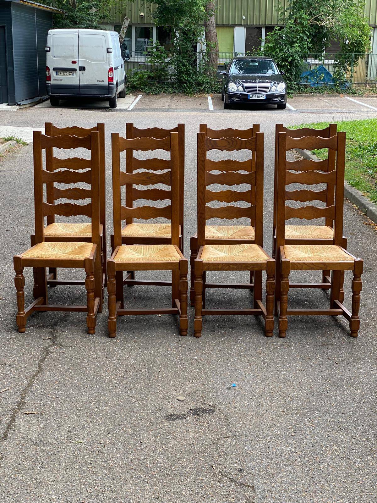 8 chaises en bois massif chêne clair et paille type ferme dossier haut