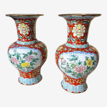 Pair of chinese enamelled metal vases