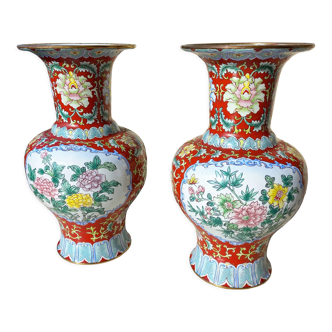 Pair of chinese enamelled metal vases