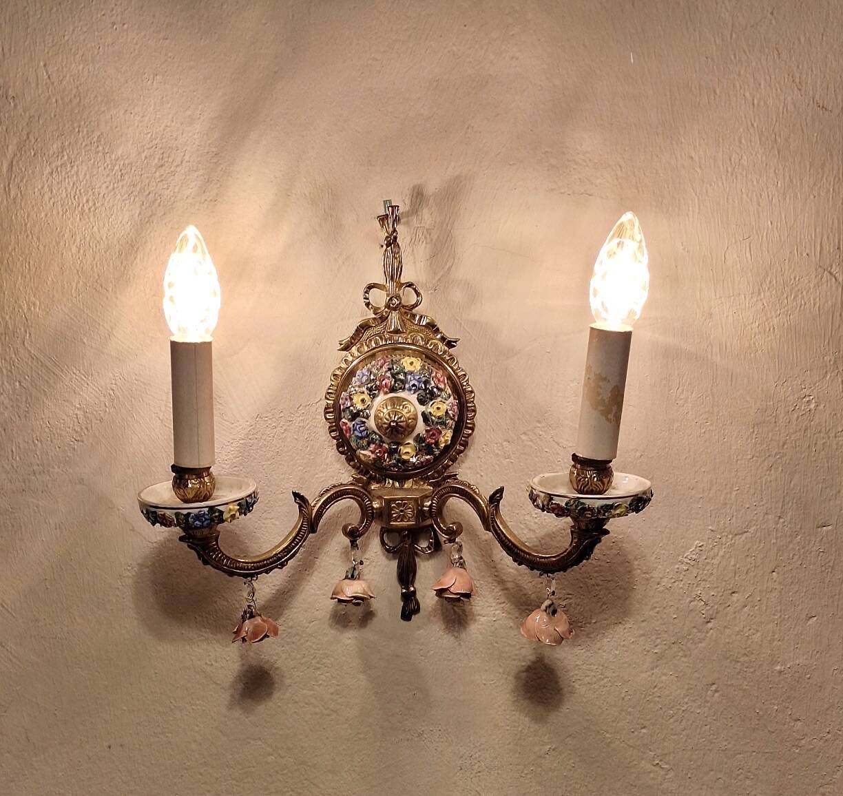 Mid century Spanish Boho ceramic and brass wall light