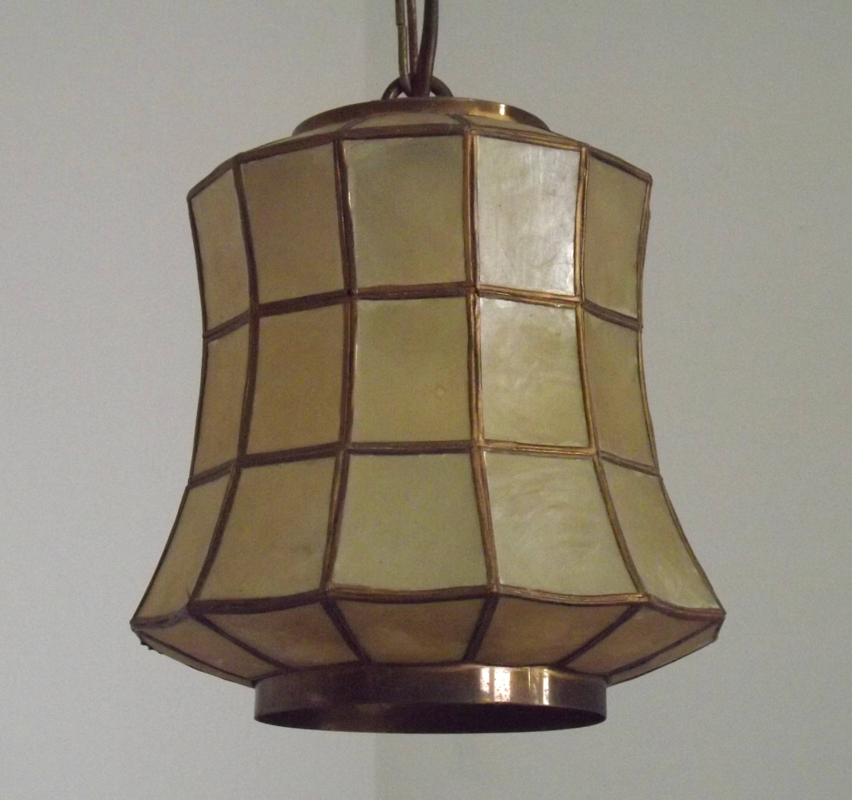 French Vintage Capiz Shell Hanging Pendant Light in Brass Metal and Copper