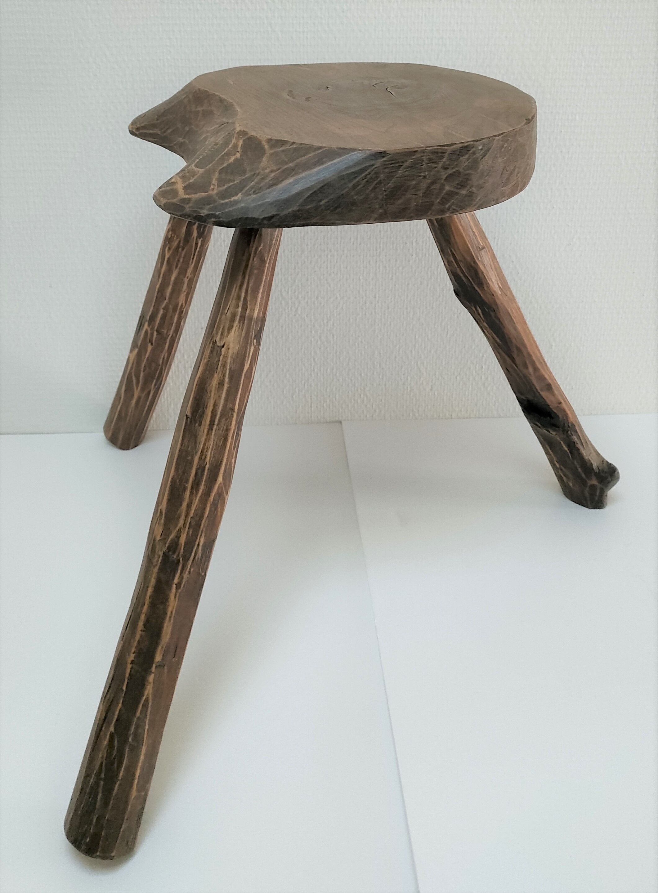 Tripod stool solid wood folk art 60s