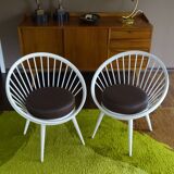 Pair of Scandinavian Armchairs, Wood and Leather