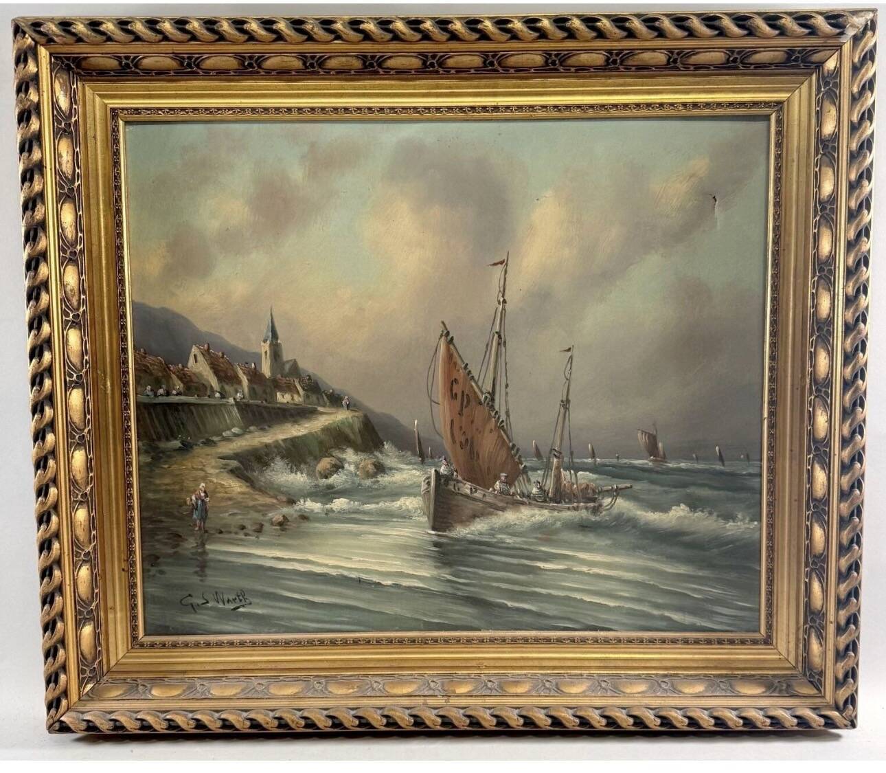 Oil on canvas marine signed G.S. Warth – Coastal village and sailing boats