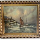 Oil on canvas marine signed G.S. Warth – Coastal village and sailing boats