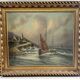 Oil on canvas marine signed G.S. Warth – Coastal village and sailing boats