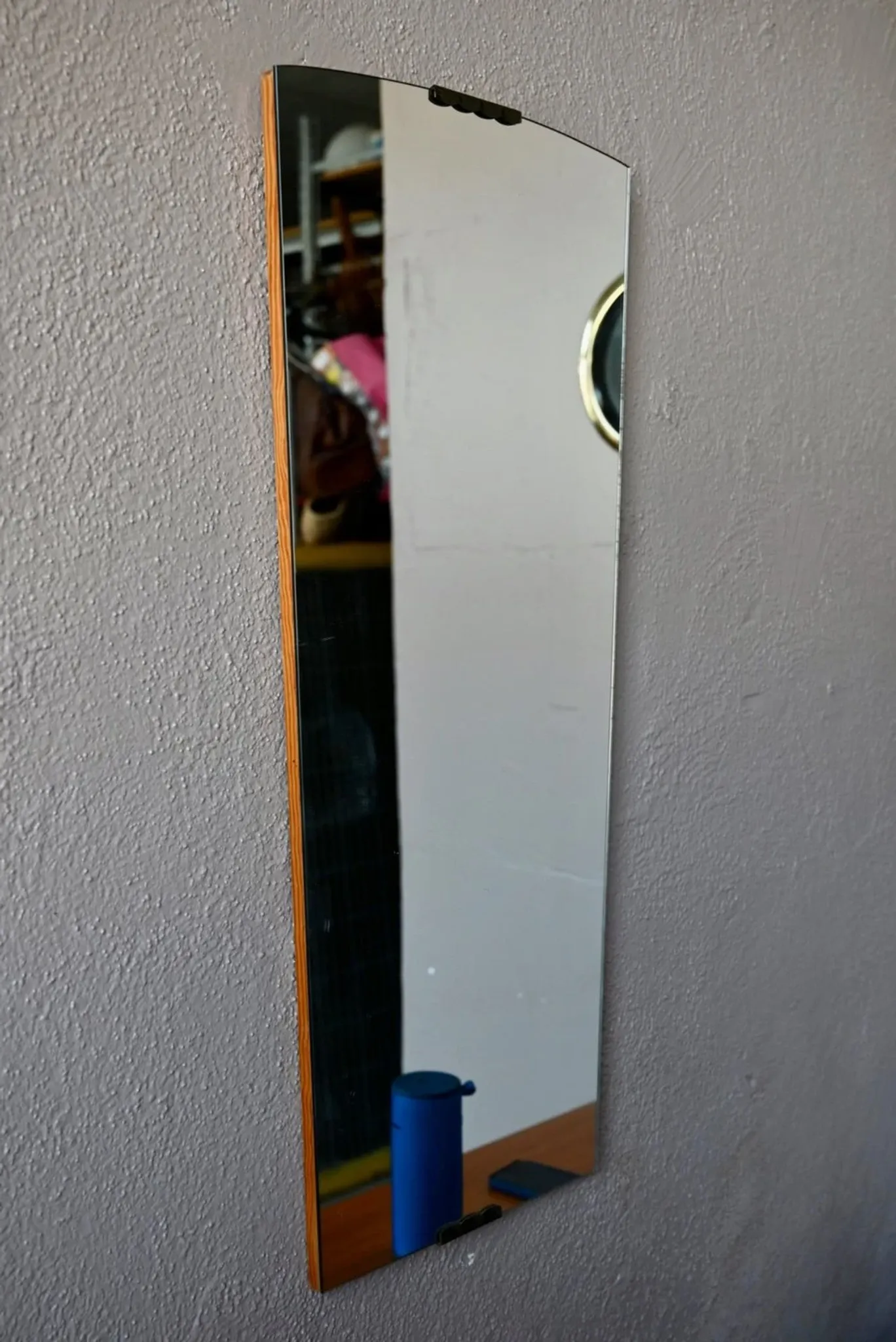 Vintage mirror rearview design from the 60s, patinated brass.