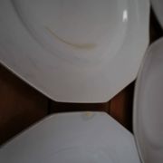 5 flat octagonal earthenware plates Moulin des loups pale blue color