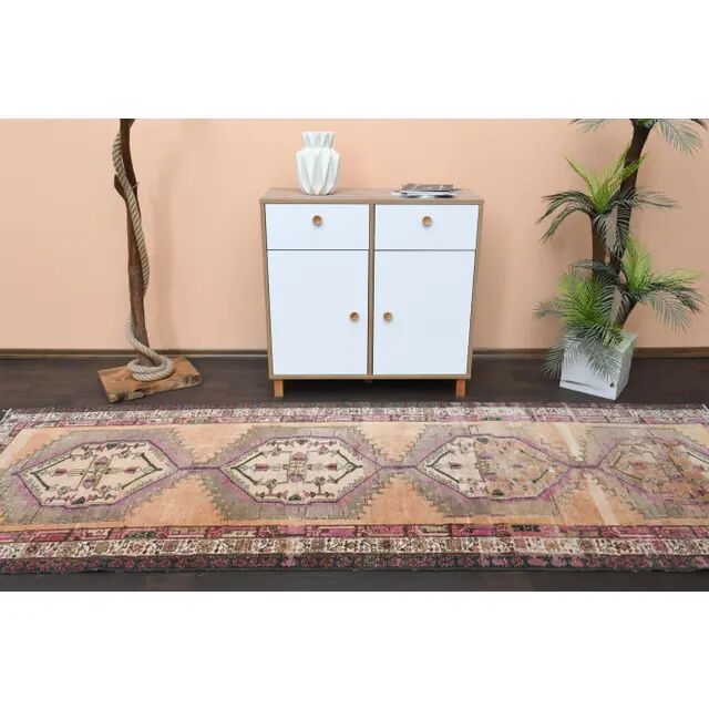 Vintage Turkish Oushak Handmade Wool Cotton Orange Runner Rug 113x317