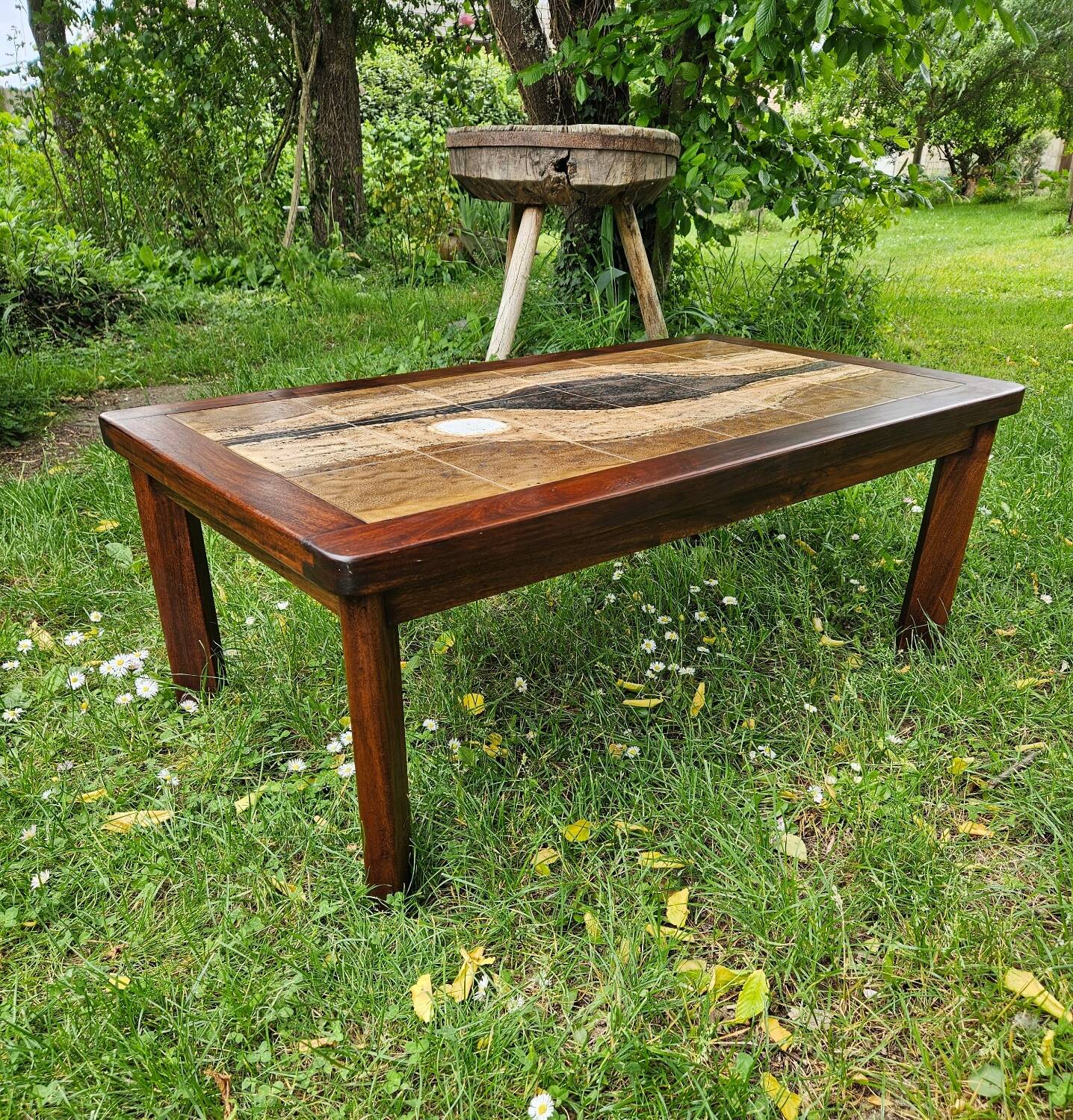 Brutalist coffee table in wood and ceramic by Jean d'Asti, Vallauris, 1960s-70s