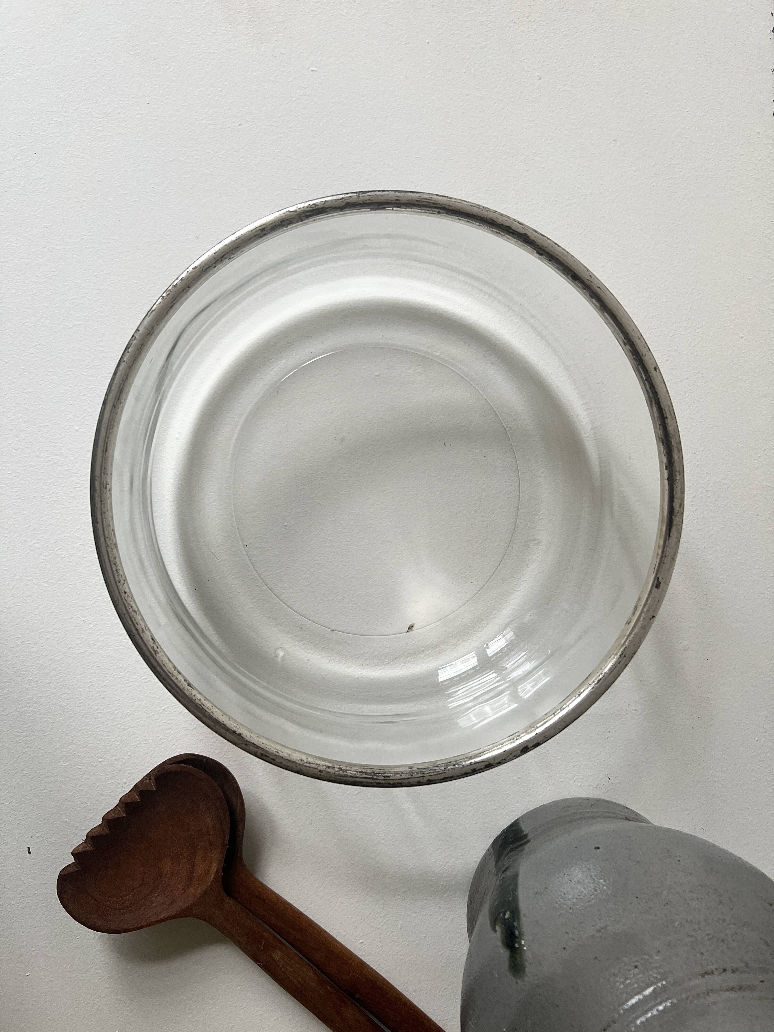 Large glass salad bowl with chrome metal rim, Bormioli Rocco Italy 1970.