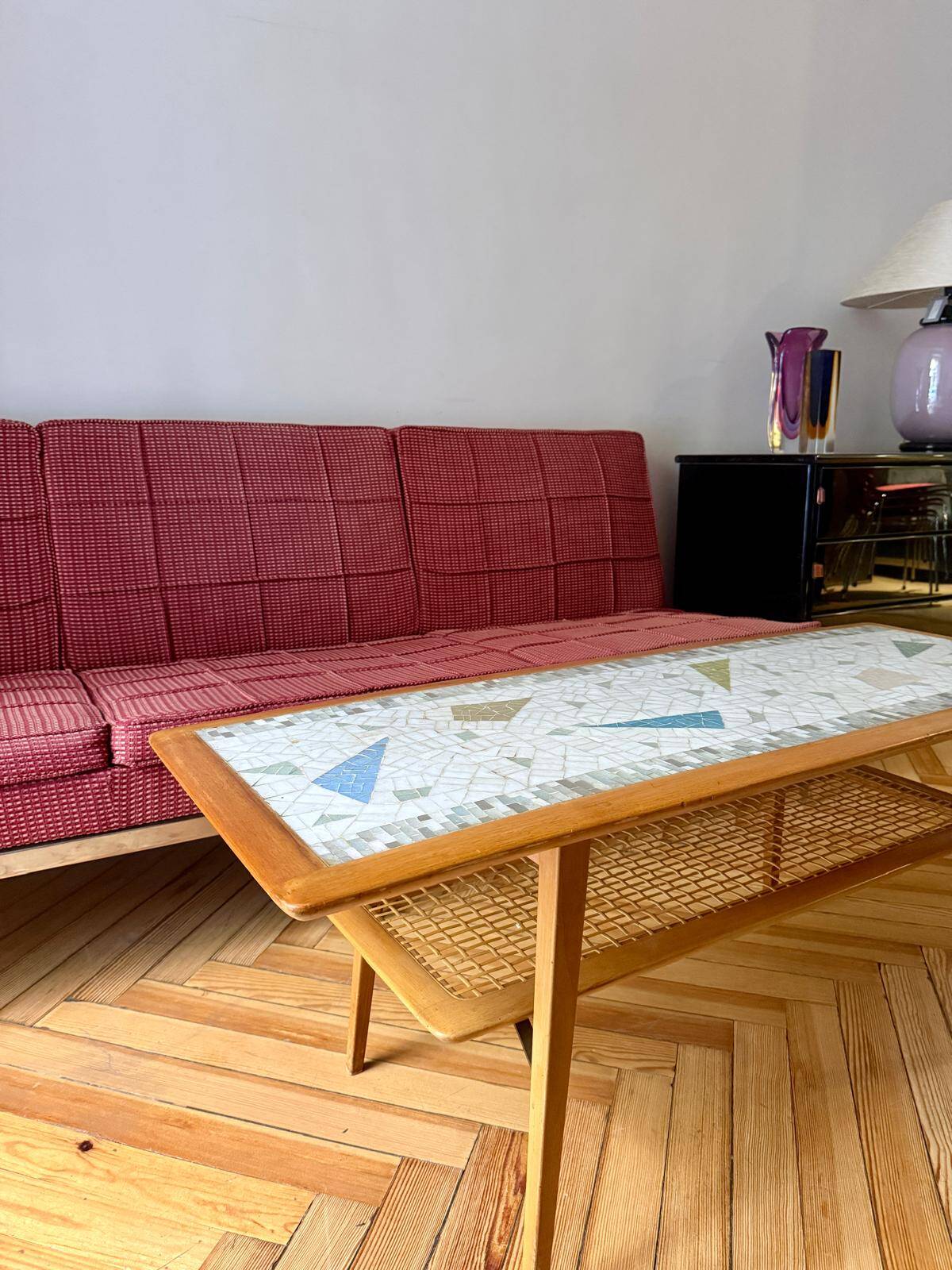 Mosaic coffee table, teak and straw, created by designer Paul Jensen.