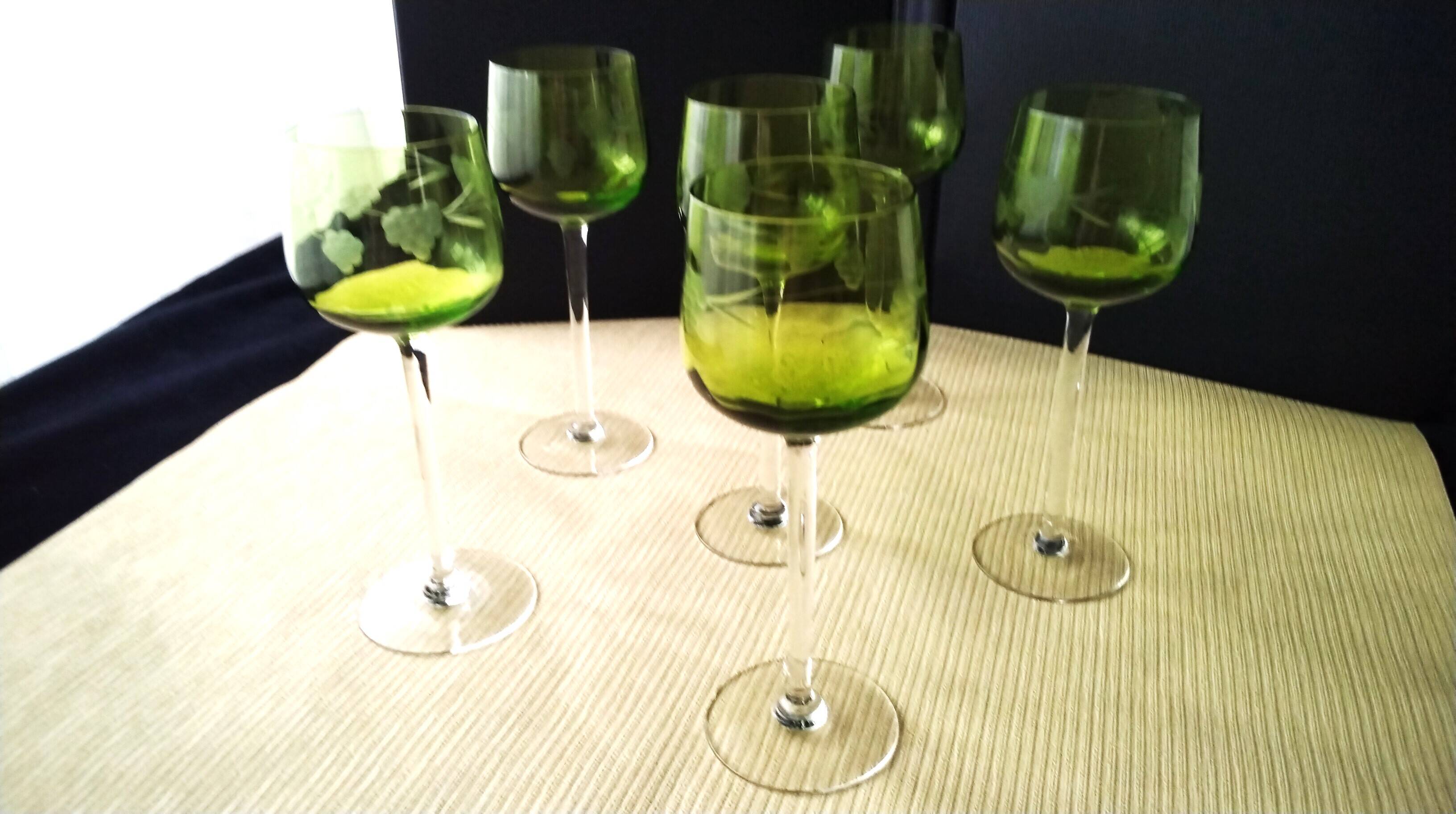 6 Antique Alsace White Wine Glasses with Engraved Decor