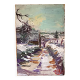 Oil on canvas, landscape under the snow, Jacques Wallart