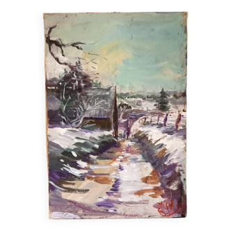 Huile,sur toile, paysage sous la neige, Jacques Wallart