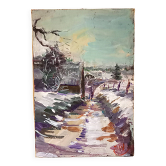 Oil on canvas, landscape under the snow, Jacques Wallart