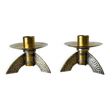 Pair of brutalist candlesticks in brass, Denmark, 1970s