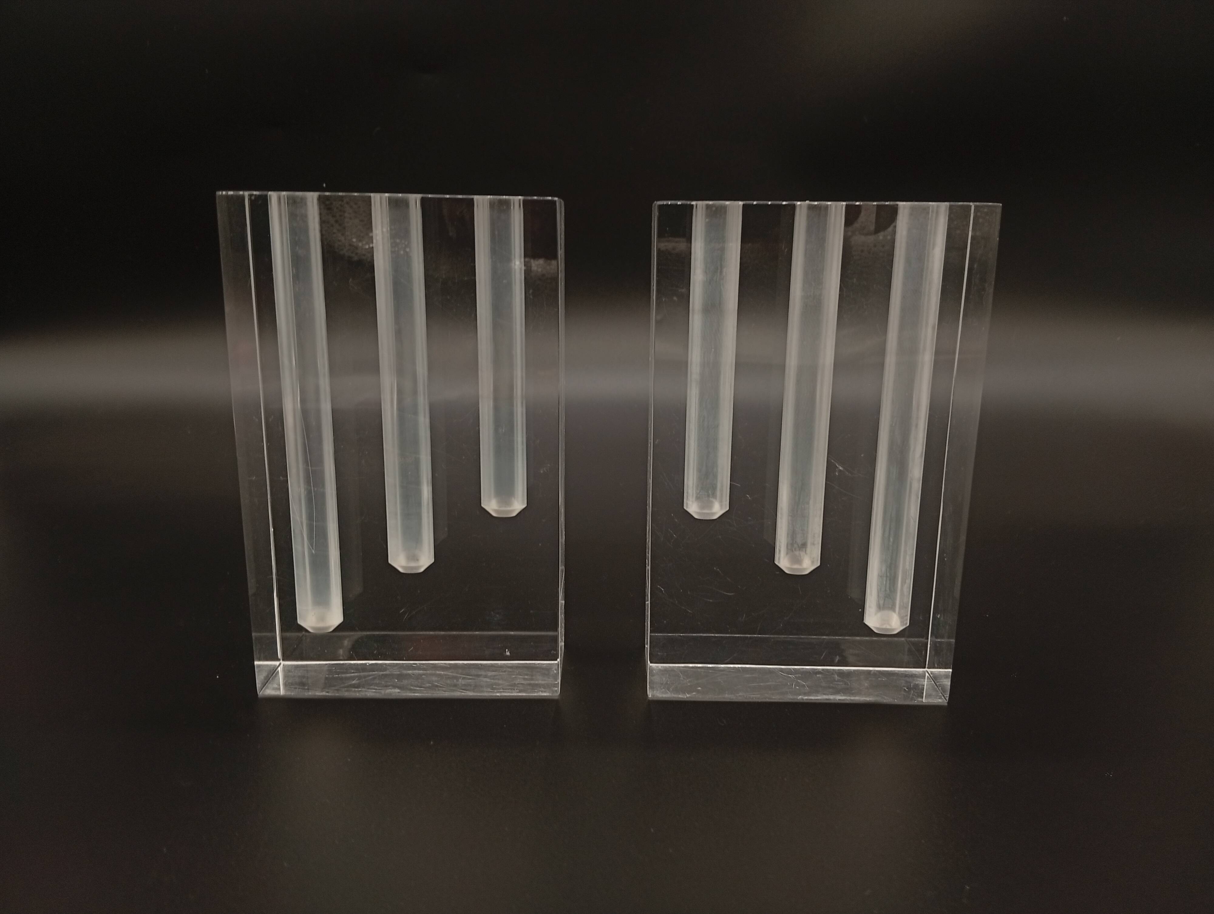 Duo Vase Bloc Résine Lucite Triple Cheminée Plexiglas Design Postmoderne