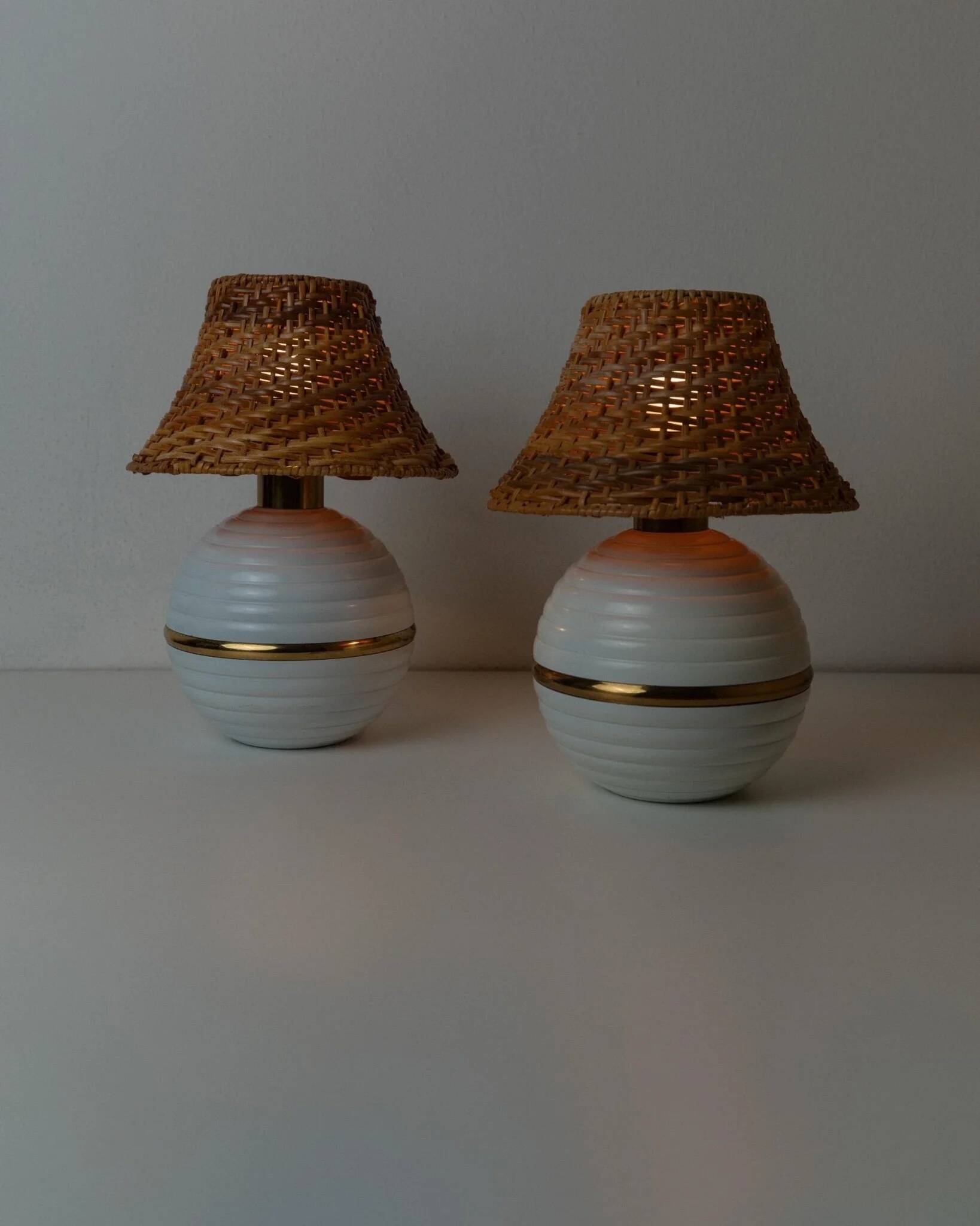 Pair of vintage table lamps – white metal with rattan shades, gold details, Italy 1980s