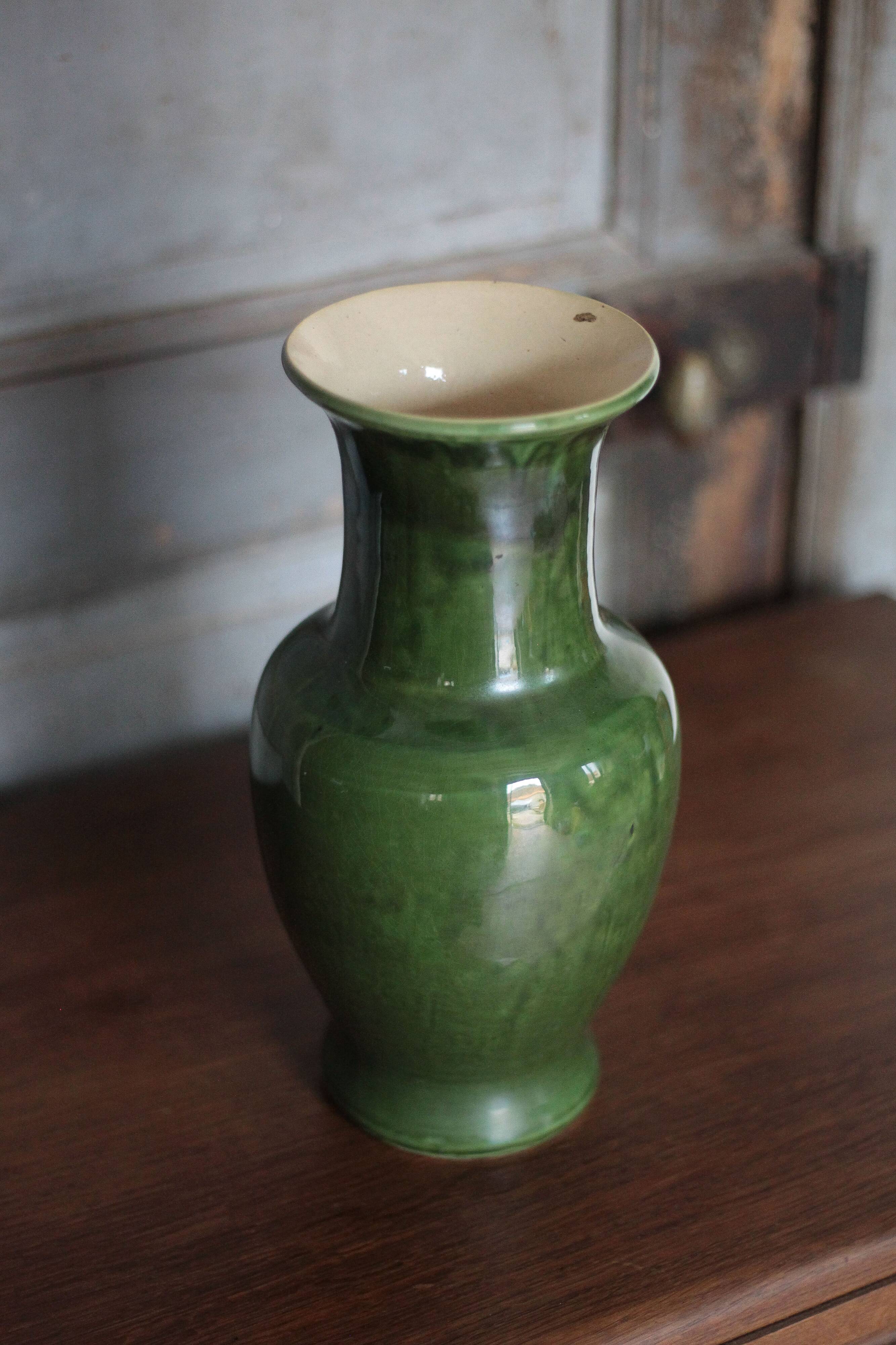 Green glazed ceramic vase, vintage baluster vase, flower pot