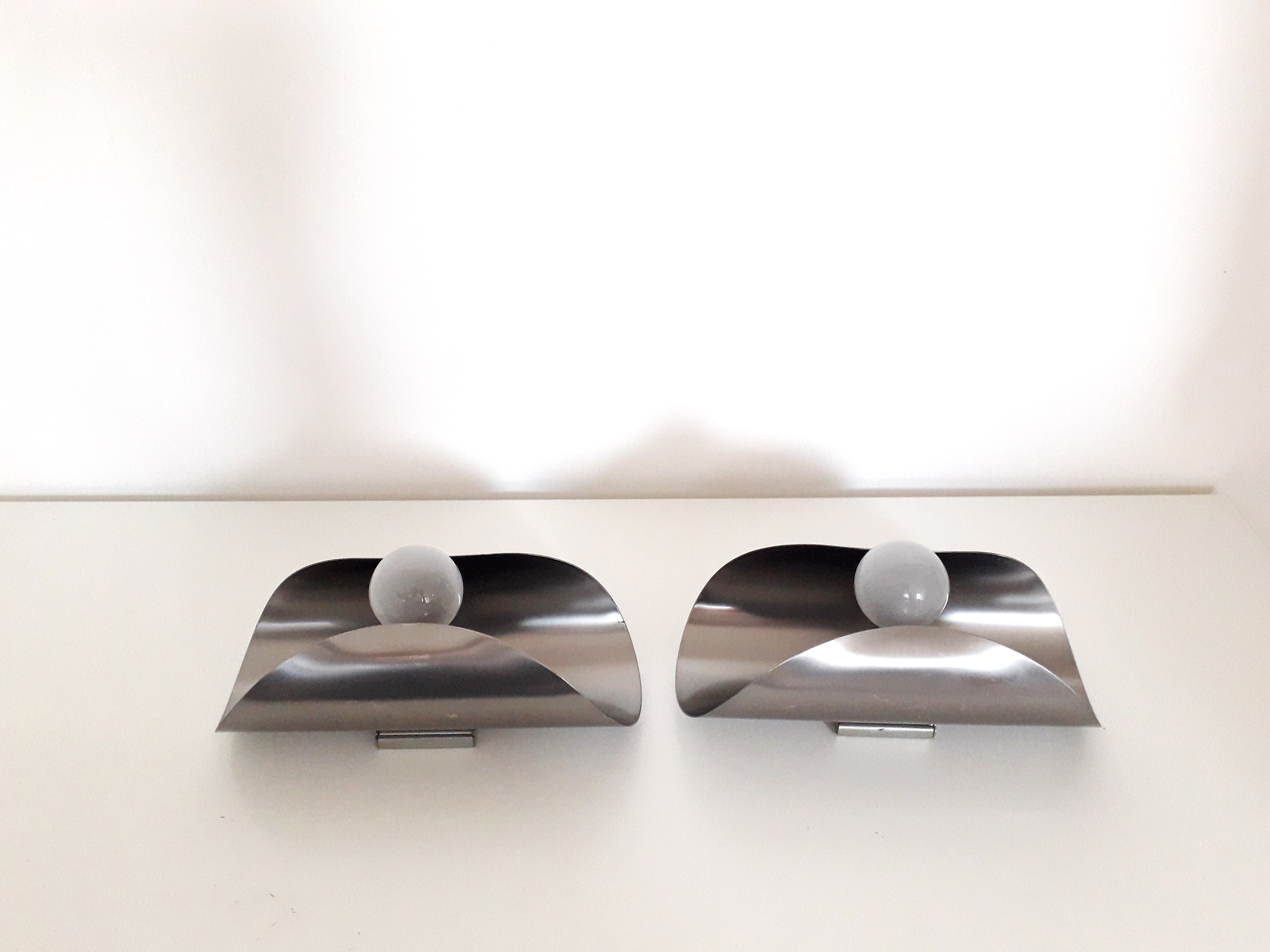Space age wall sconces - brushed stainless steel - italian design - 1970