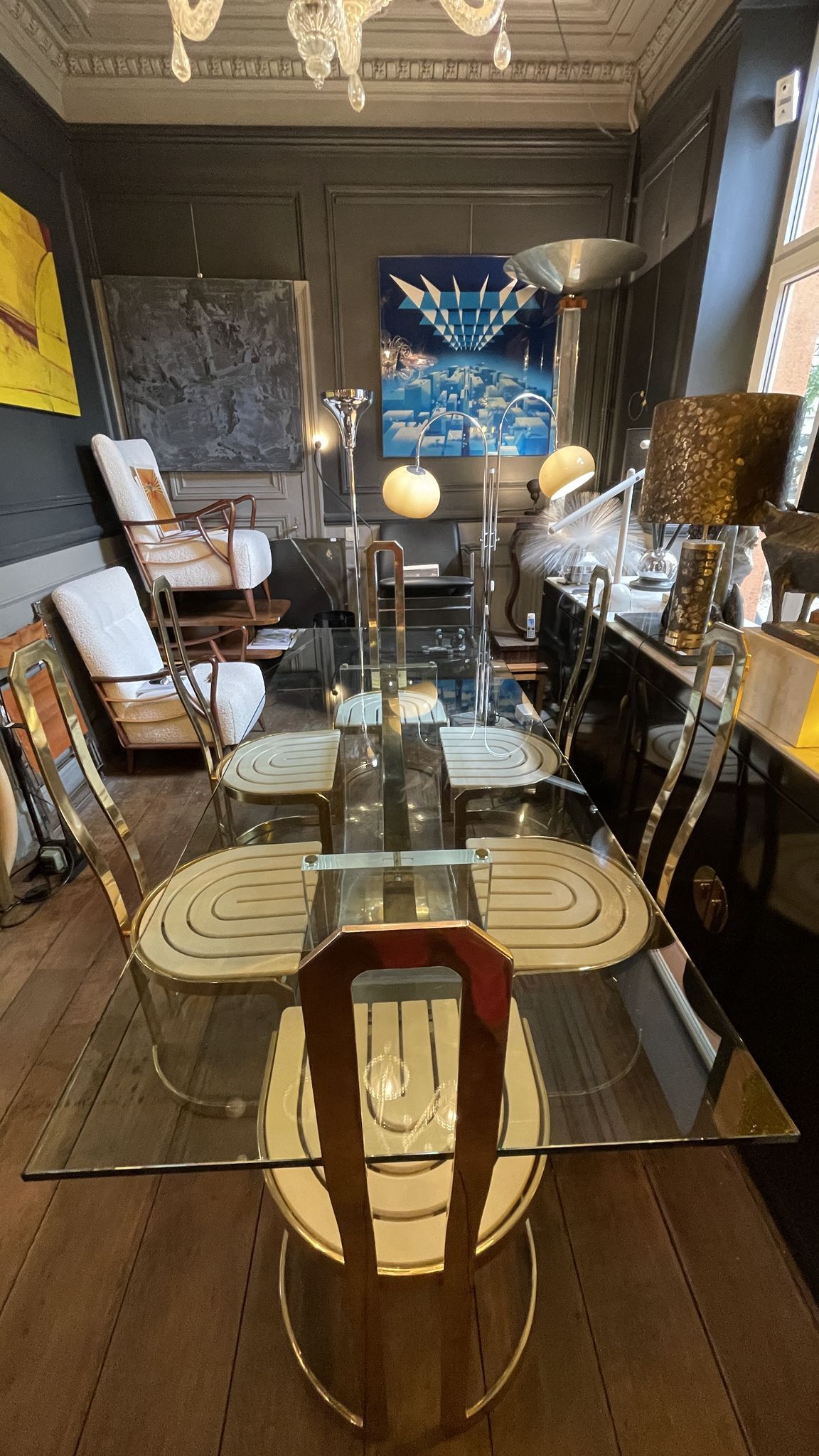 Dining room table by Charles Hollis Jones, lucite & brass, hollywood regency style, ca 1970