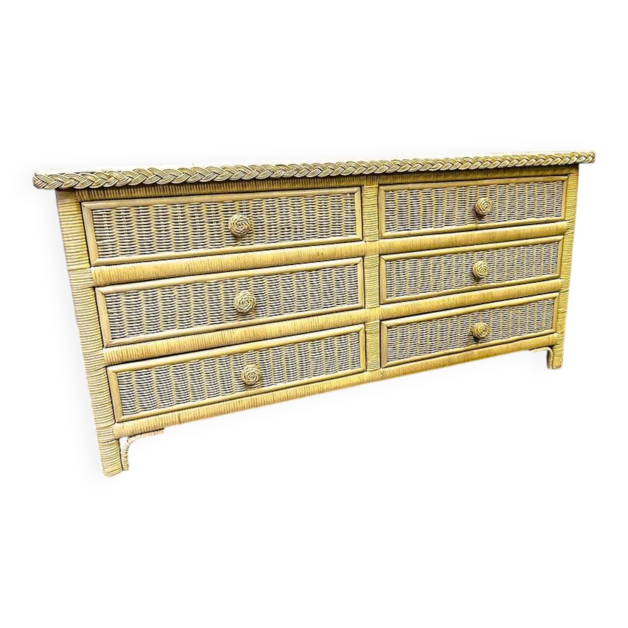 Mid-century pale yellow rattan and bamboo chest of drawers