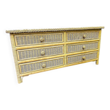 Mid-century pale yellow rattan and bamboo chest of drawers