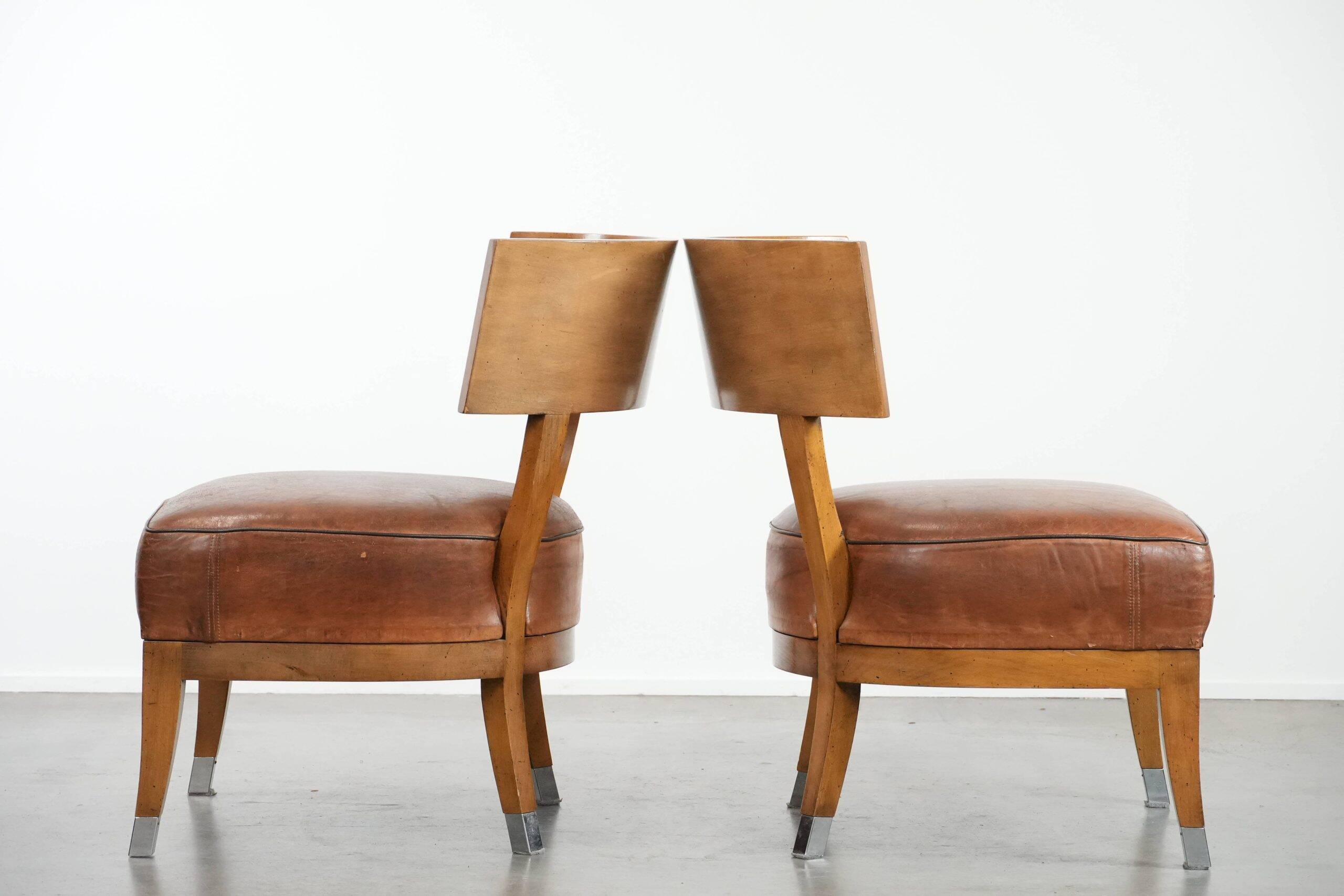 Set of 2 vintage design cocktail chairs/armchairs made of sheepskin leather