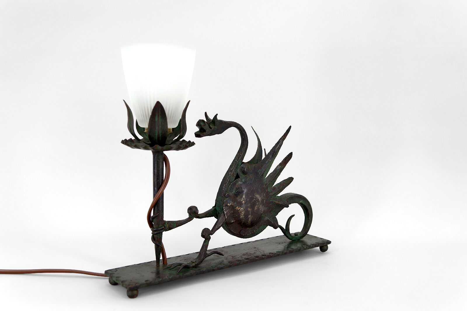 Wrought iron dragon table lamp, circa 1900