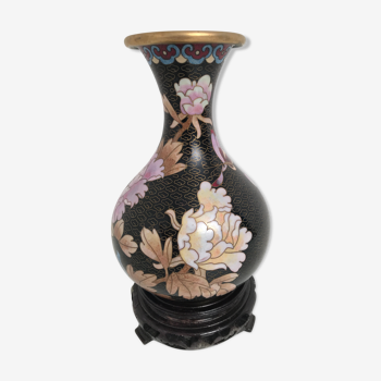 Vase chinois noir cloisonné vintage