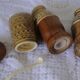Ceramic and wood salt pepper mustard condiment set