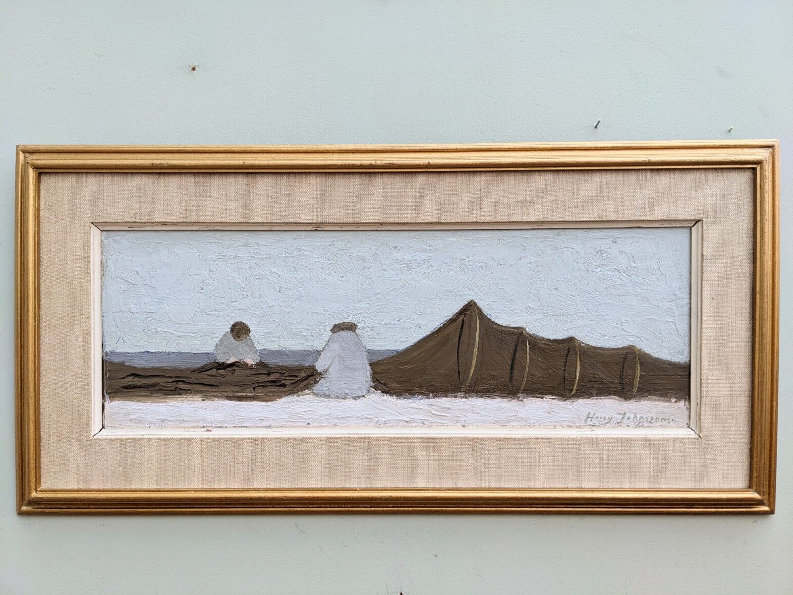 Mid-Century Modern "By the Shore" Swedish Seascape Oil Painting, Framed