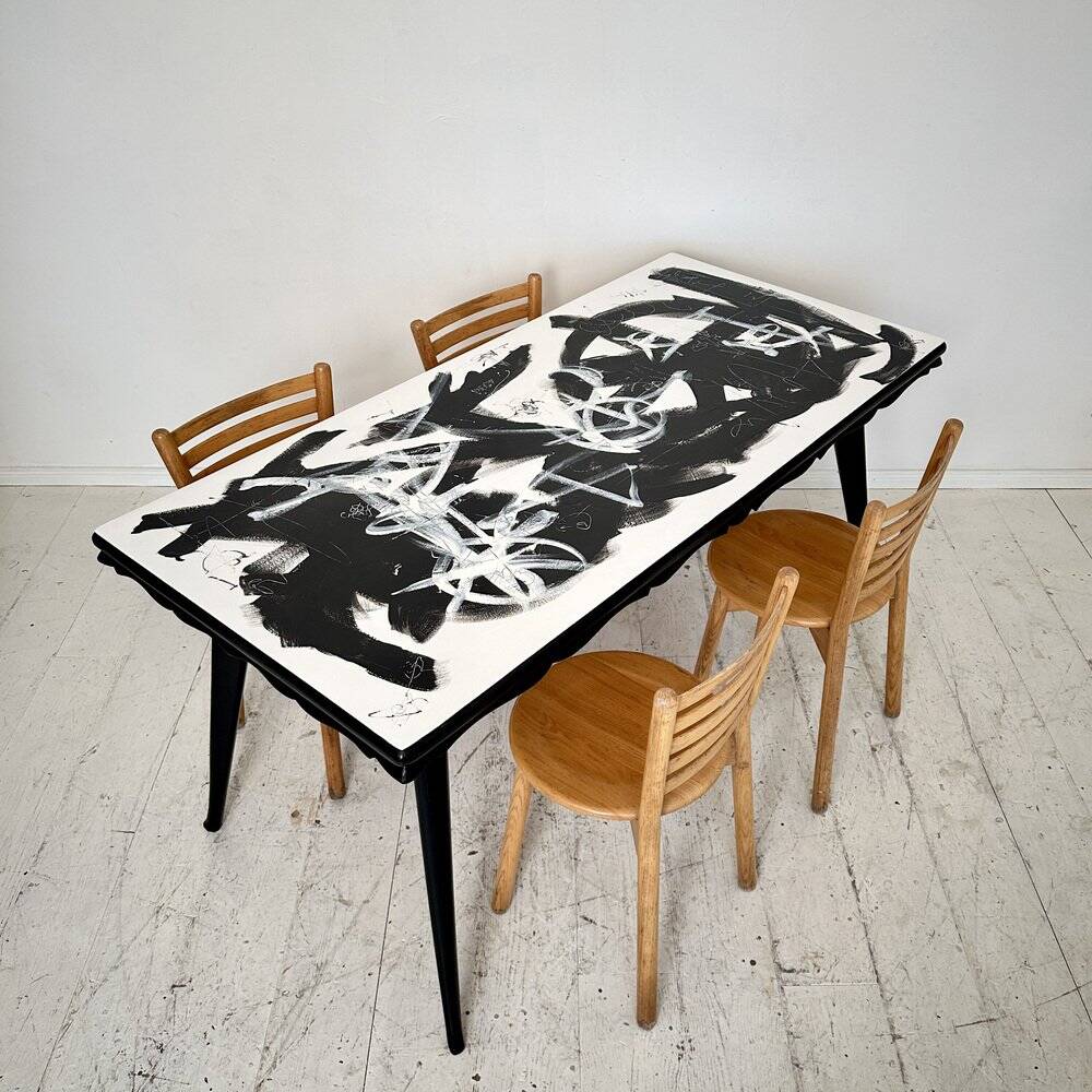 Abstract Painted Dining Table in Black and White, 1953