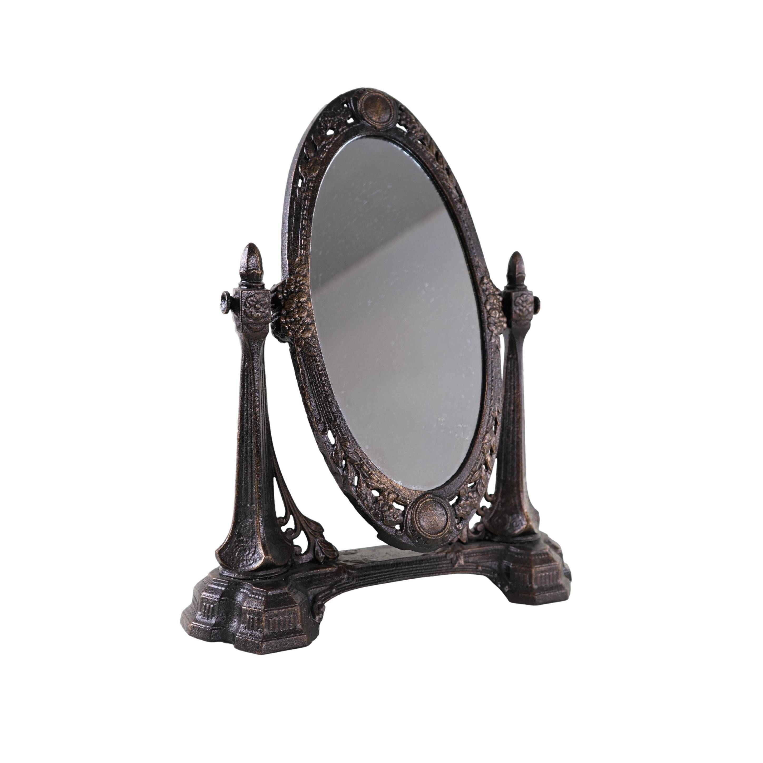 Art Nouveau table mirror with ornamental metal frame, early 20th century