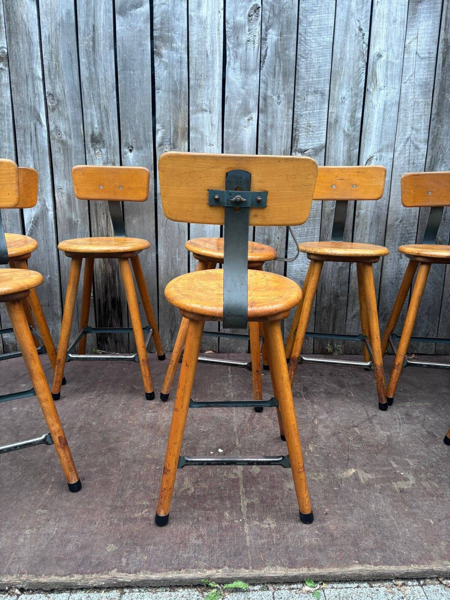 Vintage industrial workshop stool in wood, 1950s
