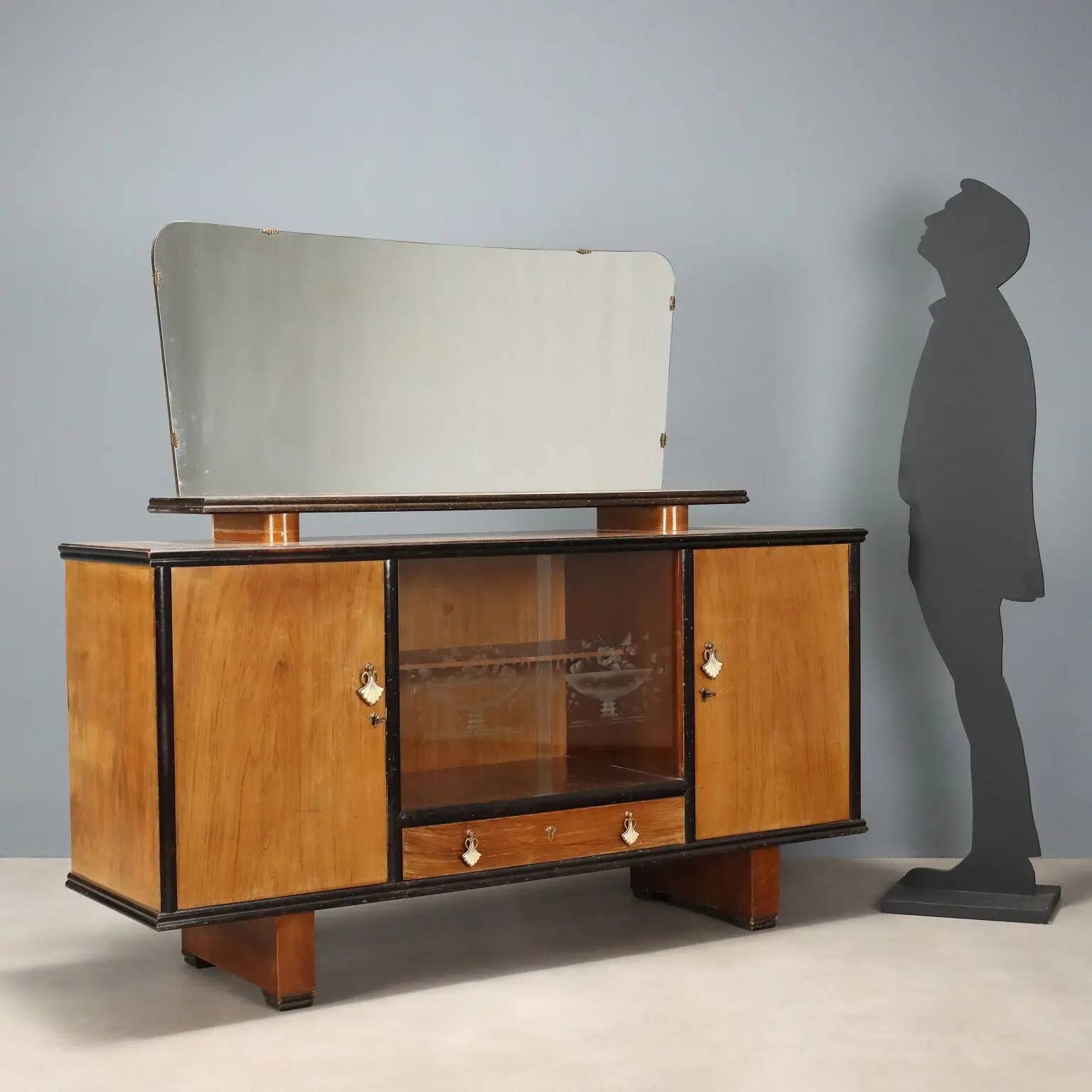 Vintage walnut veneer sideboard with mirror, Italy 1960s