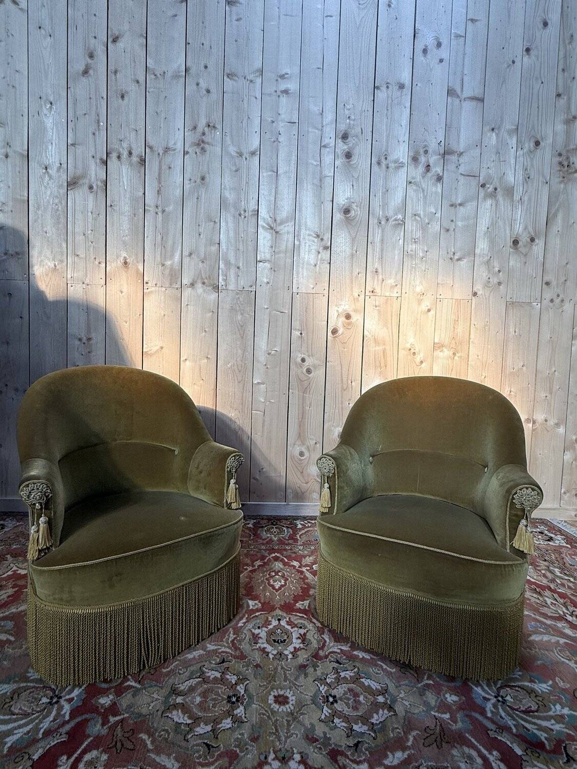 Pair of Napoleon III style crapaud armchairs in two-tone velvet.