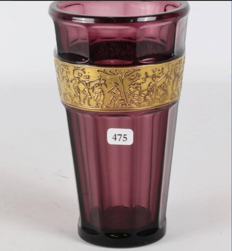 Moser sectional vase with cut sides-purple crystal decor with antique gold highlight