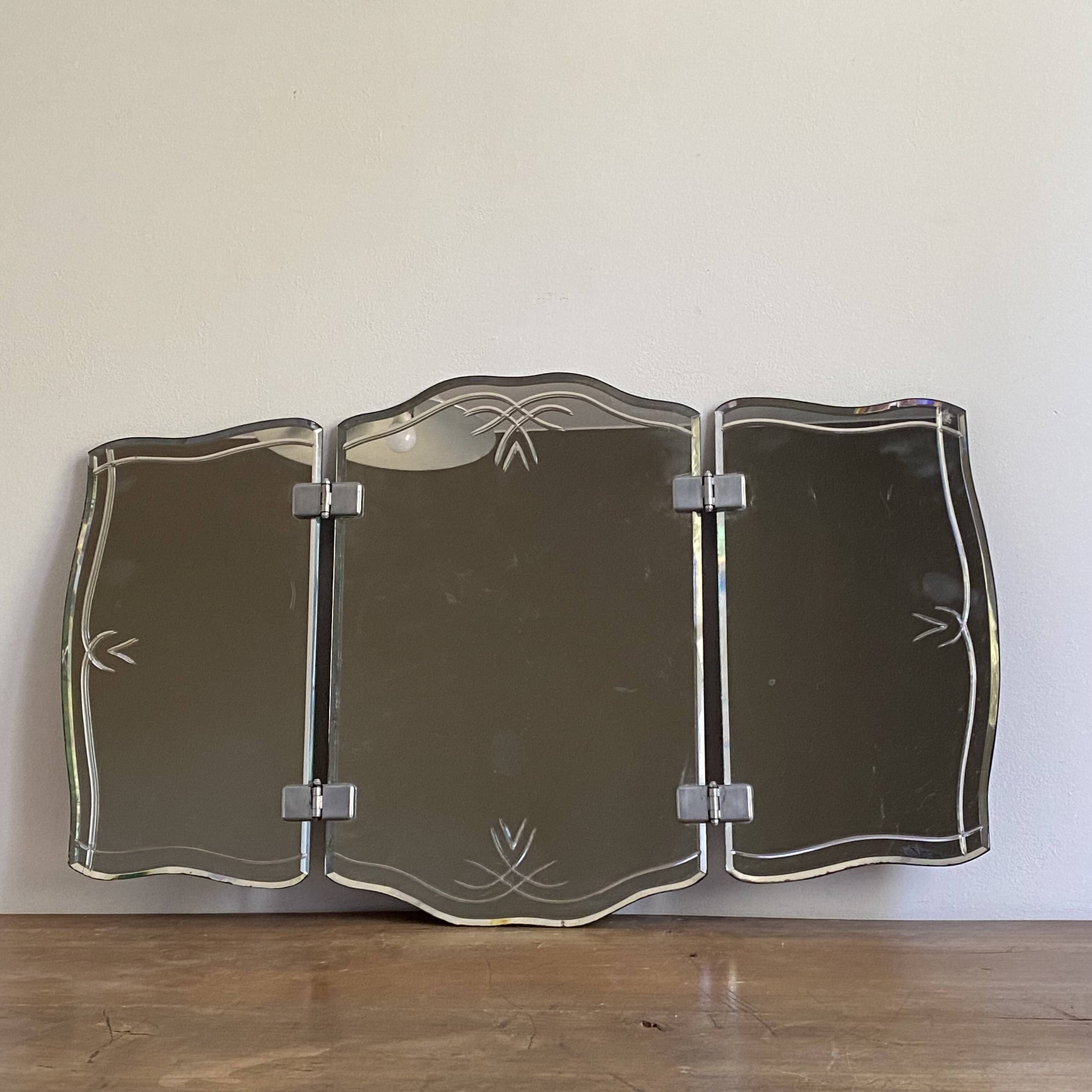 Triptych barber mirror. 1950. Bevelled.