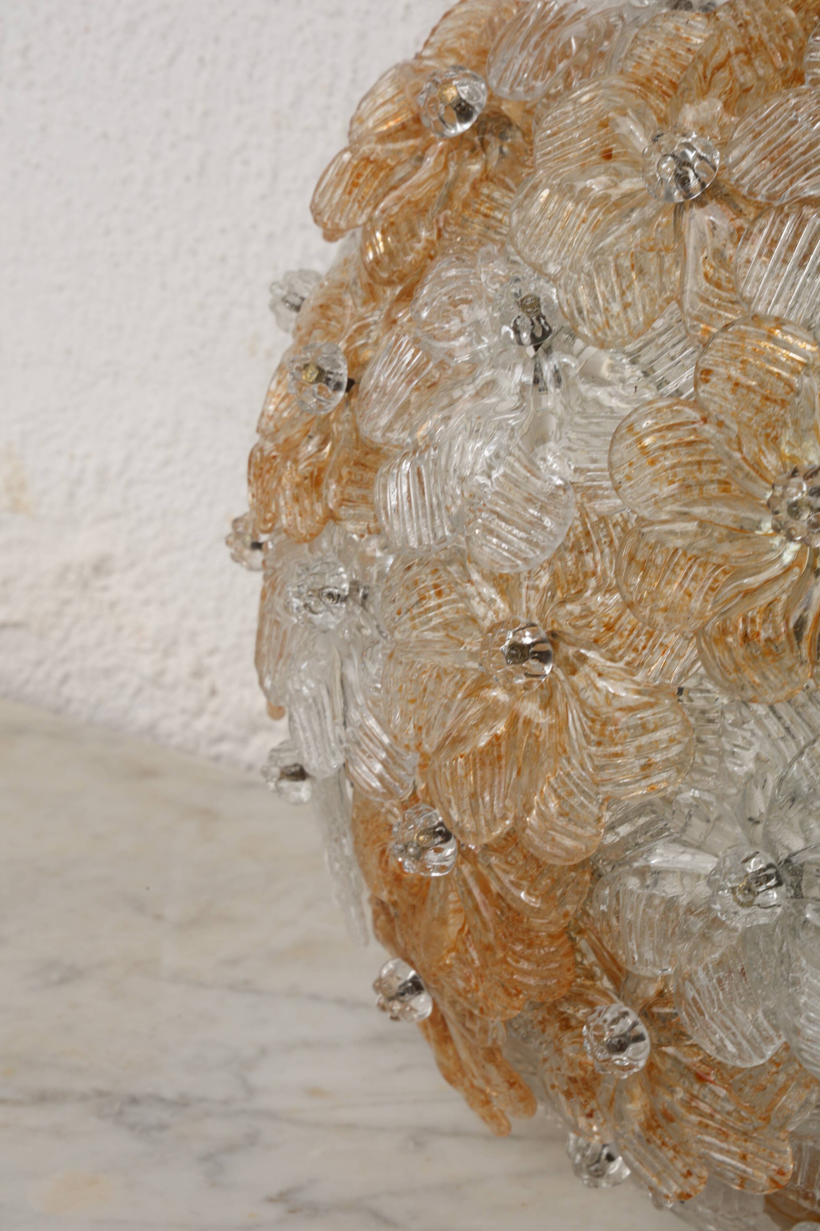 Wonderful Orange and Transparent Murano Glass Ceiling Light Flower by Seguso