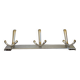 Stainless steel coat rack with three double hooks.
